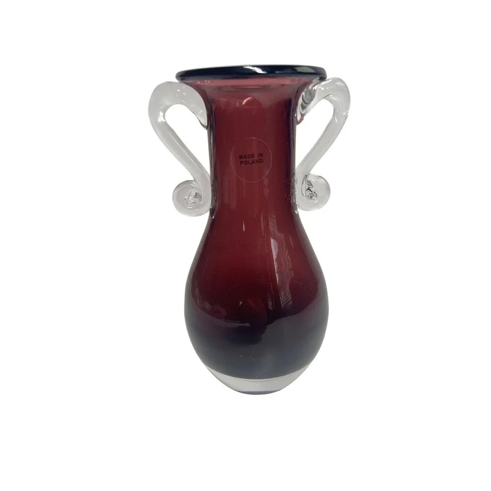 Vintage Amethyst Purple Glass Vase Made in Poland Clear Scroll Handles 6 In. MCM